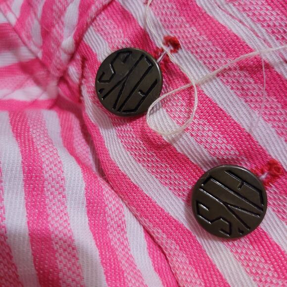 Vintage Mr Fly Bib Overalls Pink Stripe Button Denim Shortalls Shorts Cuffed XS - Picture 10 of 16